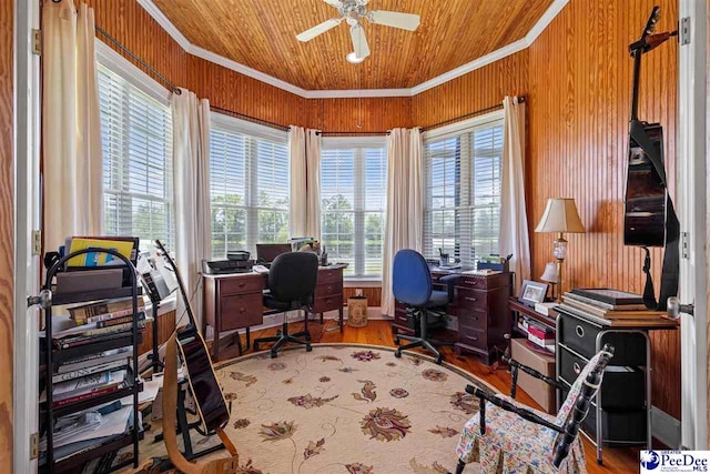 office area with ceiling fan, wood-type flooring, ornamental molding, wooden ceiling, and wood walls