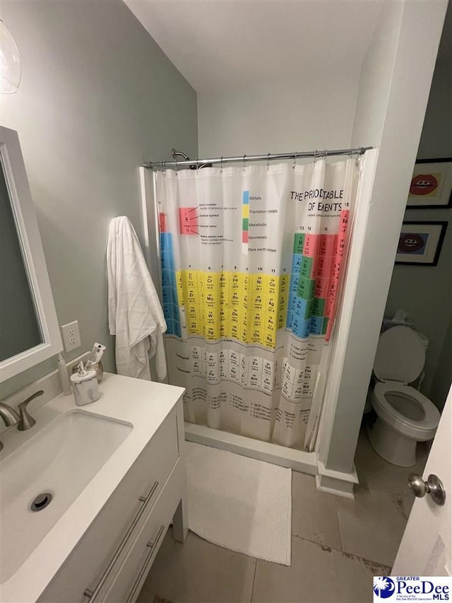 full bathroom with vanity, tile patterned flooring, shower / bath combo, and toilet