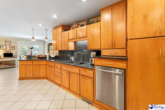 4105 Byrnes Blvd, Florence, SC 29506 - kitchen with stainless steel dishwasher, light tile patterned floors, a peninsula, decorative backsplash, and recessed lighting