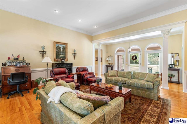 4105 Byrnes Blvd, Florence, SC 29506 - living room featuring decorative columns, ornamental molding, light wood-type flooring, a wainscoted wall, and recessed lighting