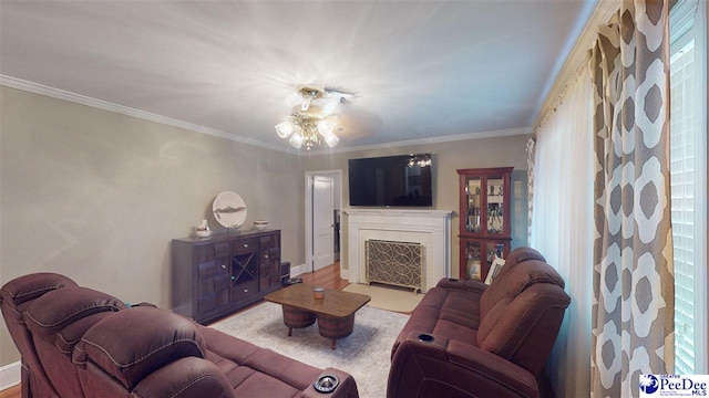 living room with ornamental molding