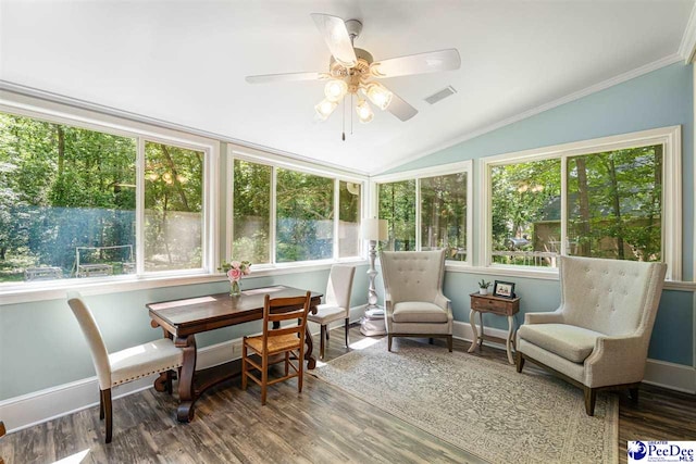 2409 Sarazen Ct, Florence, SC 29506 - sunroom featuring vaulted ceiling, baseboards, wood finished floors, a deck, and ornamental molding
