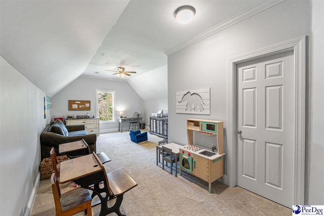 2409 Sarazen Ct, Florence, SC 29506 - rec room featuring carpet flooring, a desk, lofted ceiling, ceiling fan, and baseboards