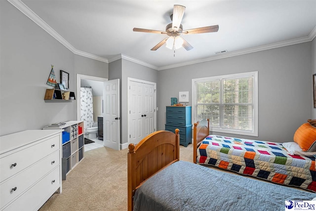 2409 Sarazen Ct, Florence, SC 29506 - bedroom with light carpet, crown molding, ensuite bath, and a ceiling fan