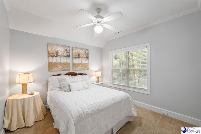 2409 Sarazen Ct, Florence, SC 29506 - bedroom featuring carpet flooring, baseboards, ornamental molding, lofted ceiling, and a ceiling fan
