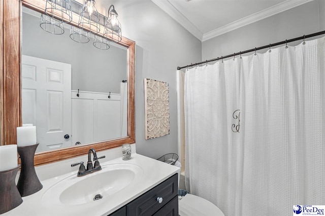 2409 Sarazen Ct, Florence, SC 29506 - bathroom with crown molding, toilet, vanity, and a shower with shower curtain