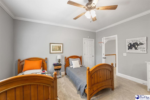 2409 Sarazen Ct, Florence, SC 29506 - bedroom featuring light colored carpet, crown molding, baseboards, and ceiling fan