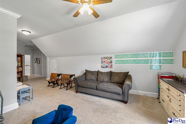 2409 Sarazen Ct, Florence, SC 29506 - carpeted living area with ceiling fan, vaulted ceiling, and baseboards