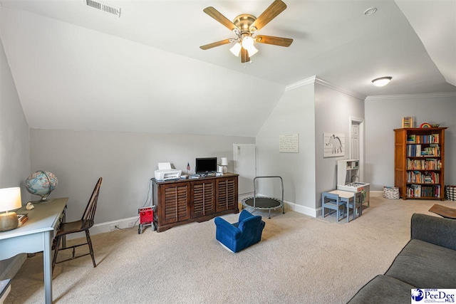 2409 Sarazen Ct, Florence, SC 29506 - office area featuring carpet flooring, a ceiling fan, vaulted ceiling, baseboards, and crown molding