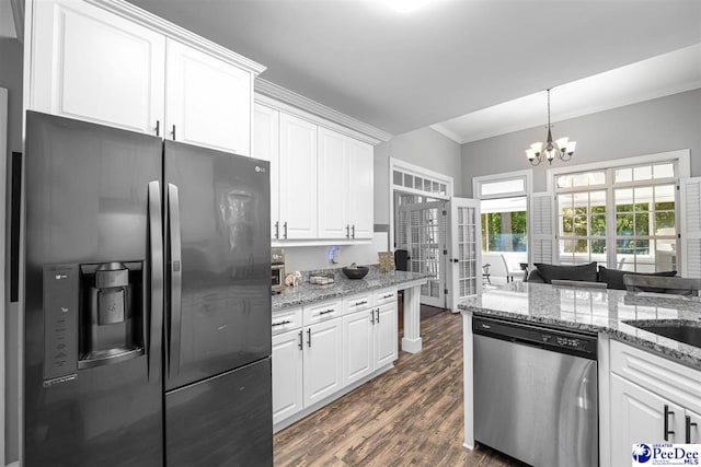 2409 Sarazen Ct, Florence, SC 29506 - kitchen with fridge with ice dispenser, dishwasher, dark wood finished floors, ornamental molding, and white cabinetry