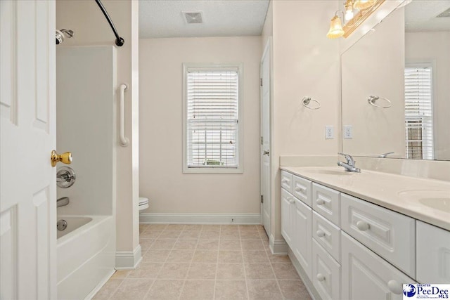 bathroom with a wealth of natural light, visible vents, a sink, and a textured ceiling