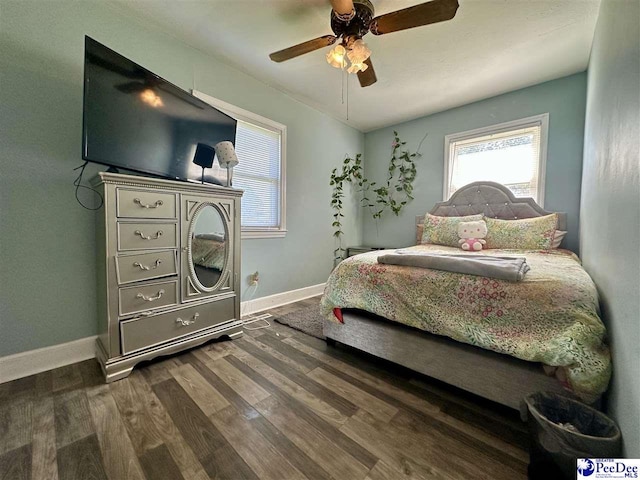 bedroom with dark hardwood / wood-style flooring, multiple windows, and ceiling fan