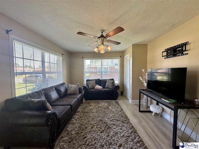 living room featuring ceiling fan, a textured ceiling, and light wood-type flooring