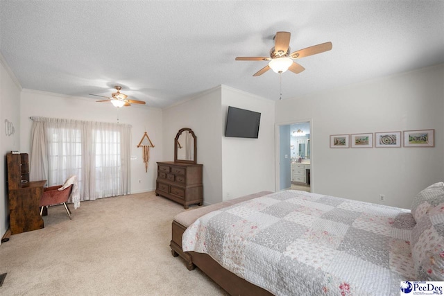 bedroom with carpet flooring, a textured ceiling, ceiling fan, and crown molding