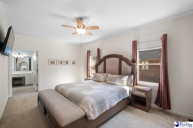 bedroom featuring crown molding, a ceiling fan, light carpet, a textured ceiling, and ensuite bath