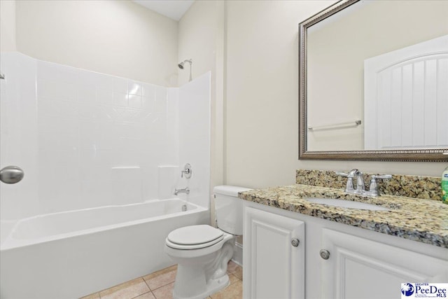 full bathroom with vanity, toilet, tub / shower combination, and tile patterned flooring