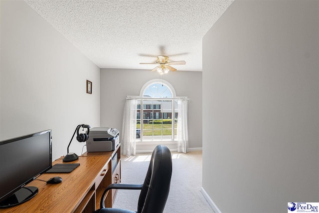 office space featuring ceiling fan, carpet, baseboards, and a textured ceiling