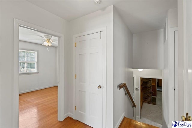 entrance foyer featuring baseboards, light wood finished floors, and ceiling fan