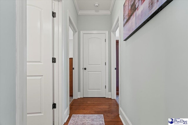 corridor with ornamental molding and dark hardwood / wood-style floors