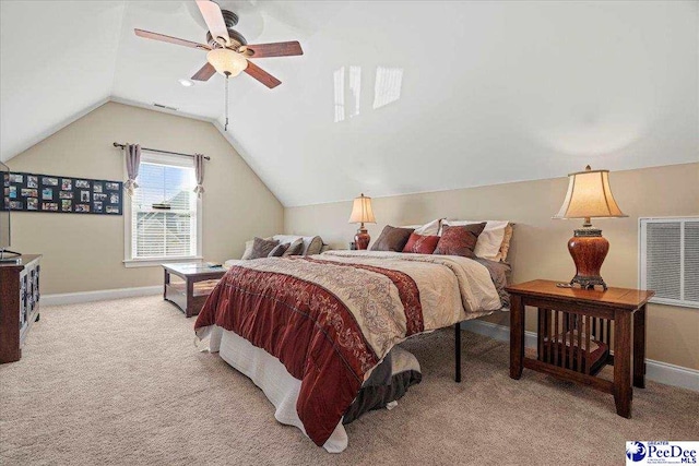 carpeted bedroom featuring ceiling fan and lofted ceiling