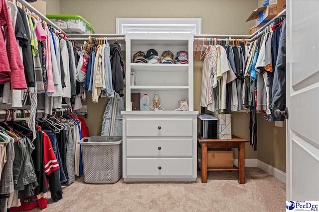 walk in closet with light carpet