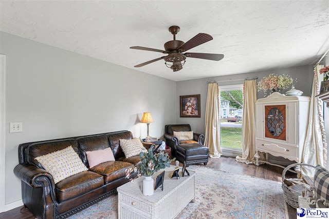living area featuring a ceiling fan and wood finished floors