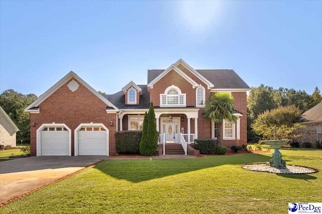 view of property with a garage and a front yard