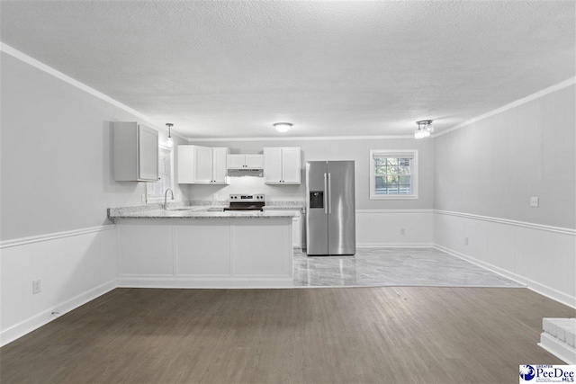 616 Sandra Ter, Florence, SC 29501 - kitchen featuring a sink, a peninsula, wainscoting, under cabinet range hood, and stainless steel appliances