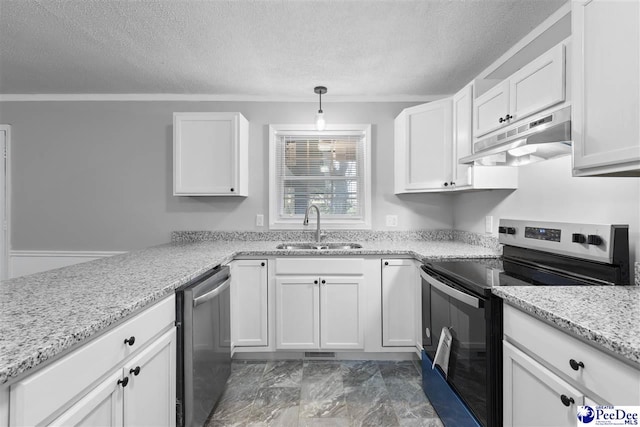616 Sandra Ter, Florence, SC 29501 - kitchen featuring under cabinet range hood, white cabinets, a sink, and stainless steel appliances
