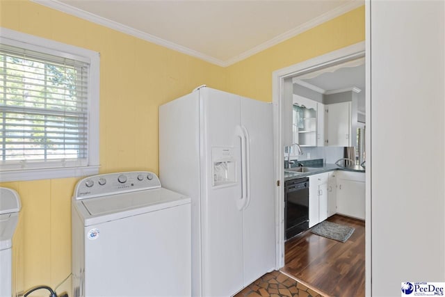 616 Forest Acres Dr, Pamplico, SC 29505 - laundry room with ornamental molding, dark wood-type flooring, washer / dryer, laundry area, and a sink