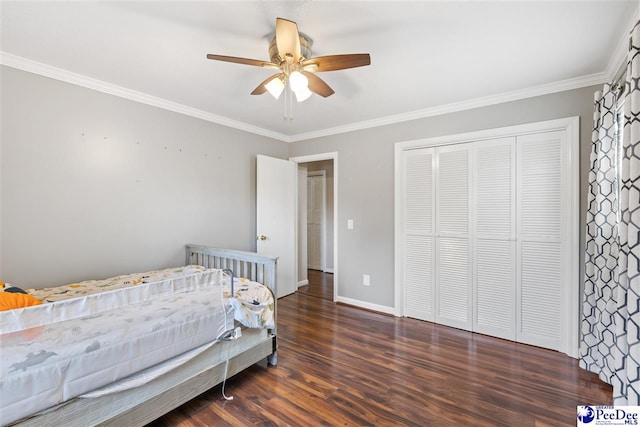616 Forest Acres Dr, Pamplico, SC 29505 - bedroom featuring baseboards, a closet, crown molding, and wood finished floors