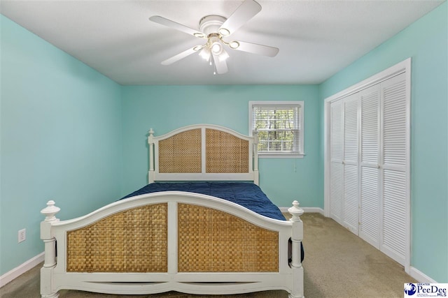 616 Forest Acres Dr, Pamplico, SC 29505 - bedroom featuring a closet, ceiling fan, carpet flooring, and baseboards