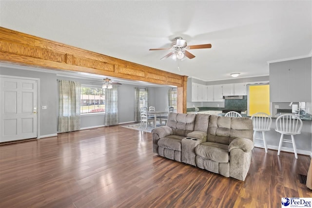 616 Forest Acres Dr, Pamplico, SC 29505 - living area with crown molding, ceiling fan, and dark wood-style flooring