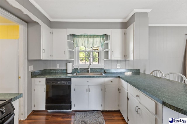616 Forest Acres Dr, Pamplico, SC 29505 - kitchen featuring open shelves, black appliances, dark wood-style flooring, a sink, and dark countertops