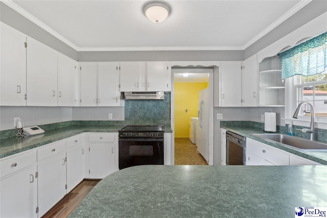 616 Forest Acres Dr, Pamplico, SC 29505 - kitchen with under cabinet range hood, dishwasher, a sink, black / electric stove, and washer and dryer