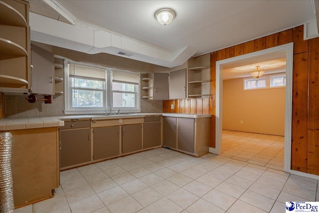 kitchen featuring sink, tile countertops, backsplash, and wood walls