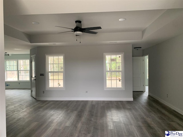 empty room with dark wood-style flooring, a raised ceiling, plenty of natural light, and baseboards