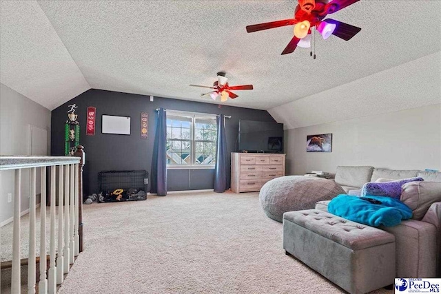3202 W Hampton Pointe Dr, Florence, SC 29501 - bedroom with lofted ceiling, a textured ceiling, carpet, and a ceiling fan