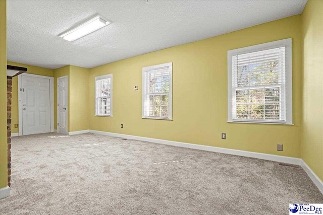 spare room with plenty of natural light, a textured ceiling, and carpet