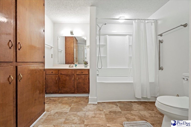 full bathroom featuring vanity, shower / tub combo, a textured ceiling, and toilet