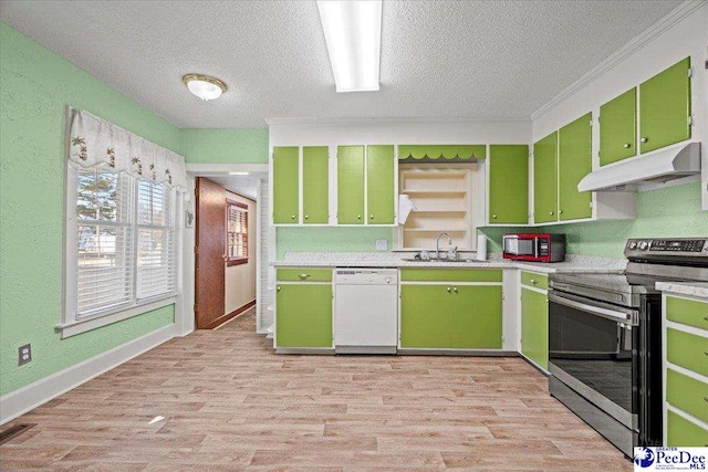 kitchen featuring sink, green cabinetry, stainless steel electric range oven, white dishwasher, and light hardwood / wood-style floors