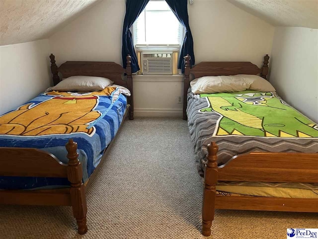 carpeted bedroom featuring cooling unit, lofted ceiling, and a textured ceiling