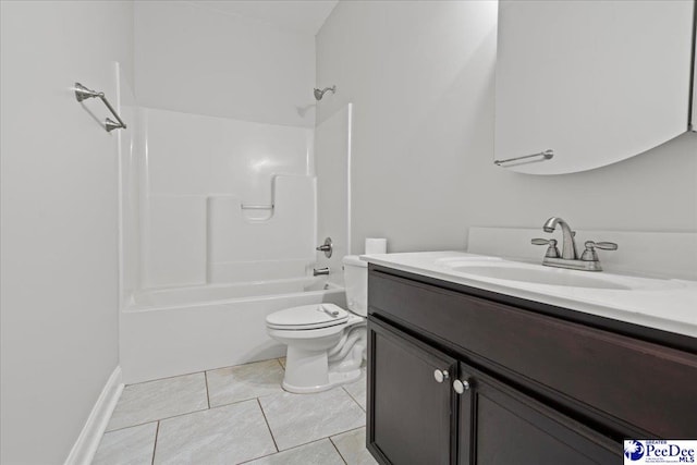 full bath featuring tile patterned flooring, toilet, vanity, and bathing tub / shower combination