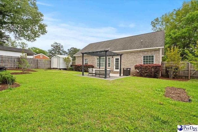 back of property featuring a shed, a pergola, a patio, central air condition unit, and an outbuilding