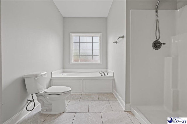 full bath with toilet, a bath, baseboards, and a shower