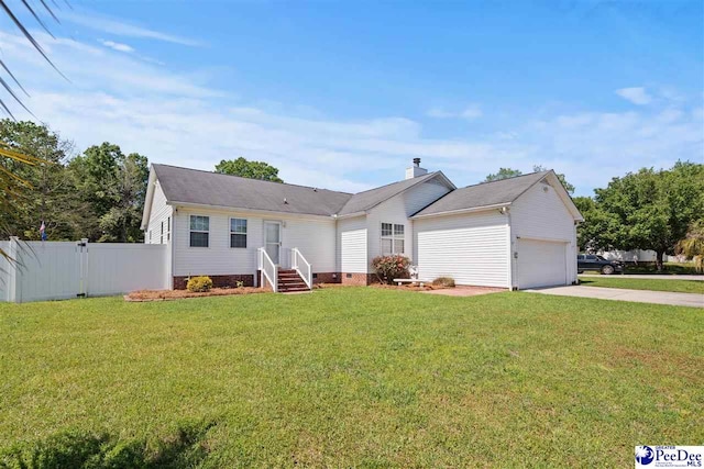 838 Greenwing Teal, Florence, SC 29505 - ranch-style home featuring crawl space, a garage, fence, concrete driveway, and a front lawn
