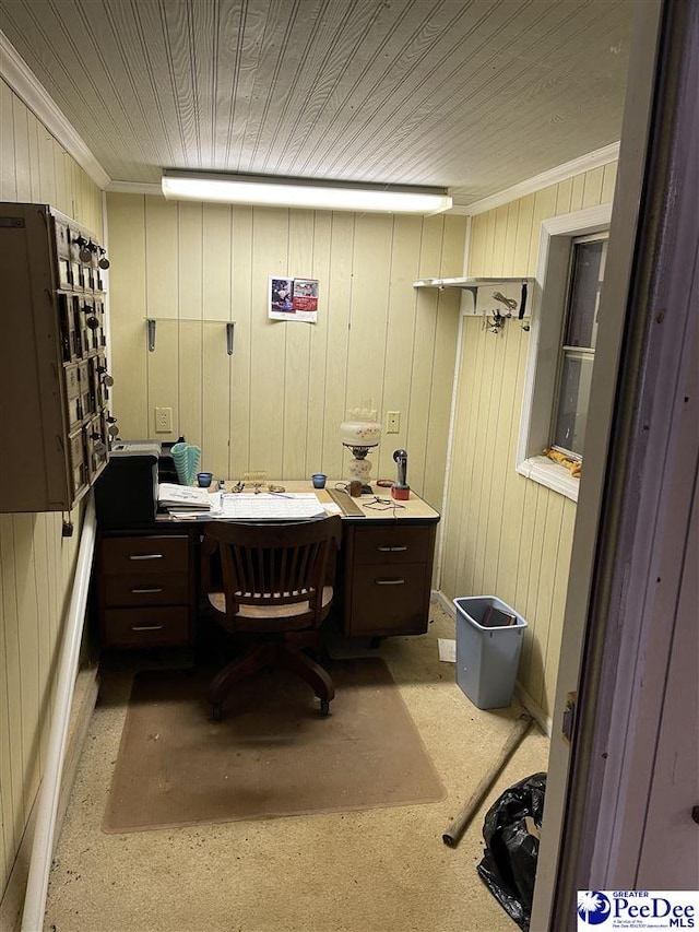 office area with wood ceiling