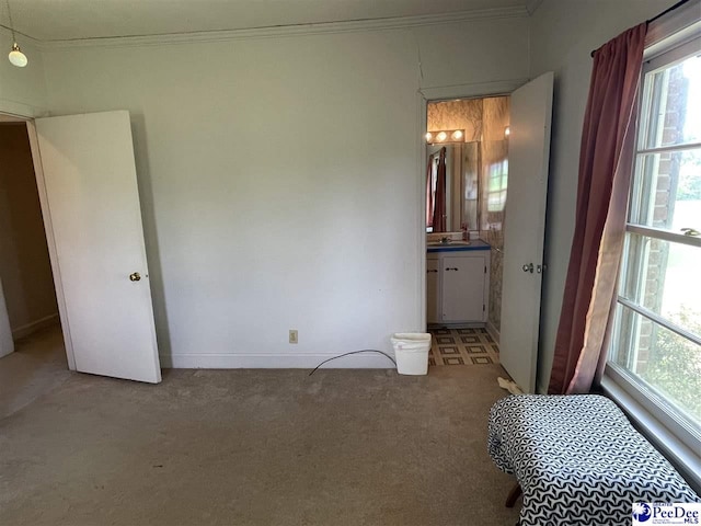 unfurnished bedroom with crown molding, ensuite bathroom, sink, and light carpet