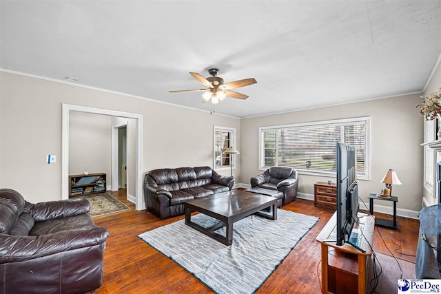 600 Greenway Dr, Florence, SC 29501 - living room with crown molding, ceiling fan, and hardwood / wood-style floors