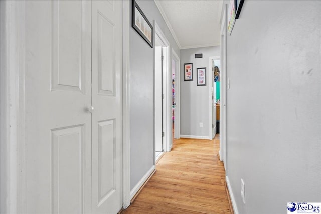 hall featuring crown molding, a textured ceiling, and light wood-type flooring